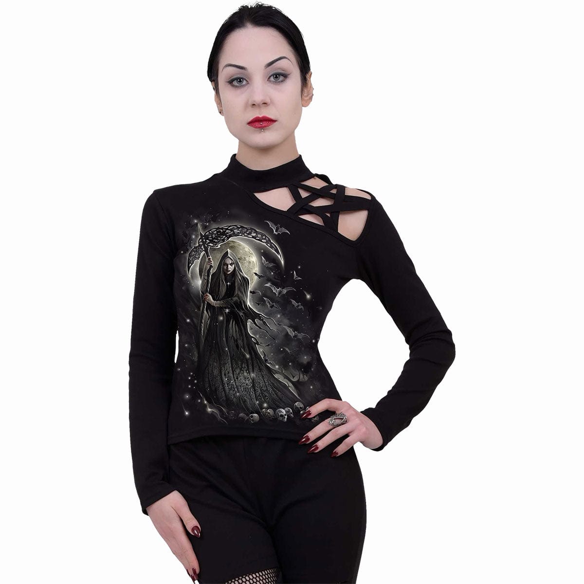 QUEEN OF DEATH - Pentagram Shoulder Longsleeve Top - Spiral USA
