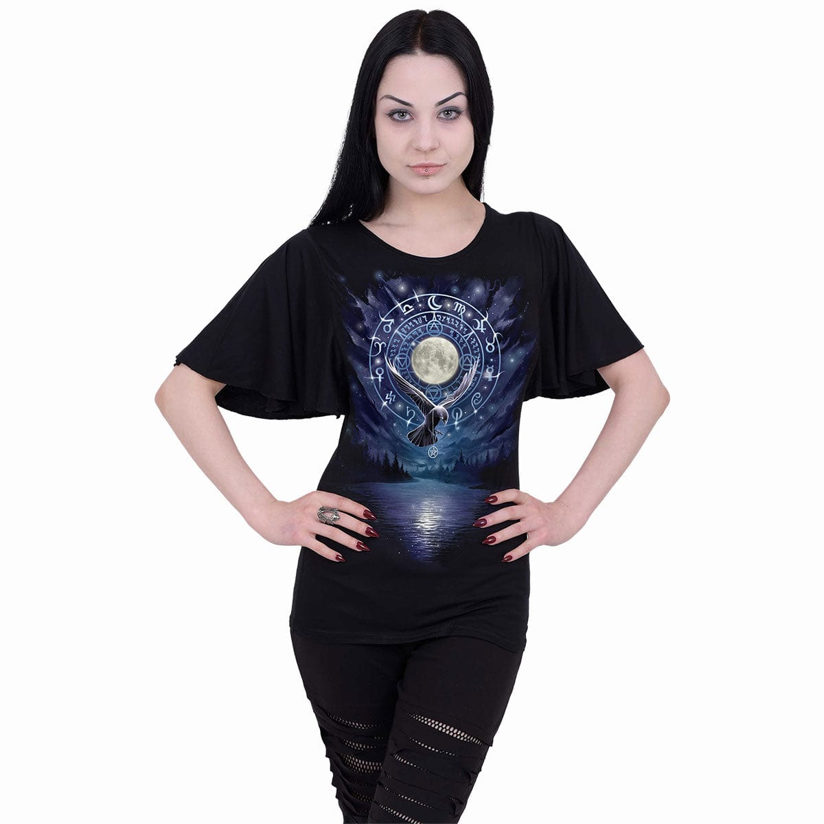 WITCHCRAFT - Boat Neck Bat Sleeve Top Black - Spiral USA