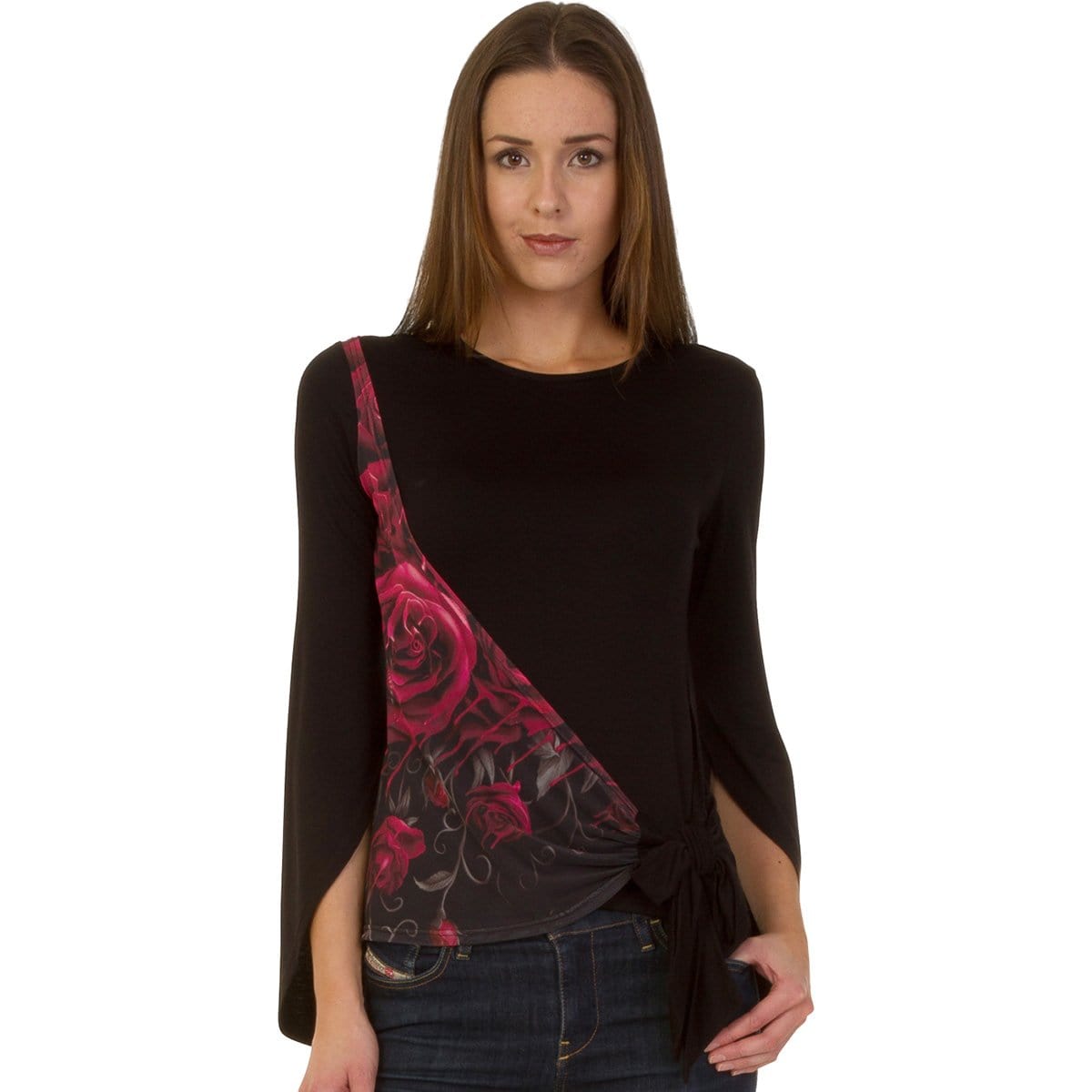 GOTHIC ELEGANCE - Blood Rose Sash Wrap Goth Sleeve Top - Spiral USA