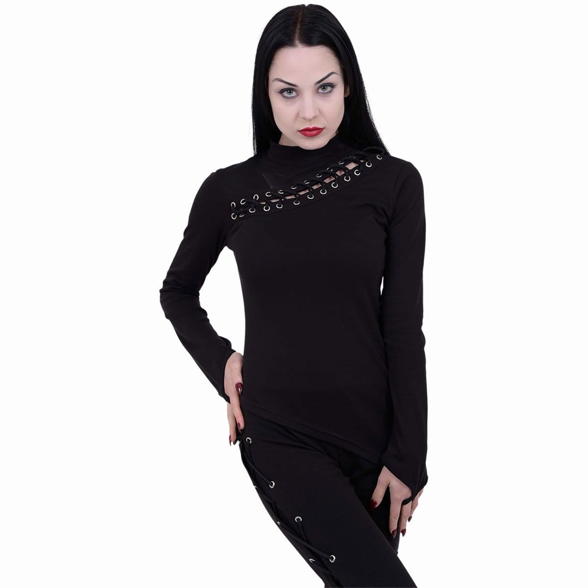 GOTHIC ROCK - Slant Lace Up Longsleeve Top - Spiral USA