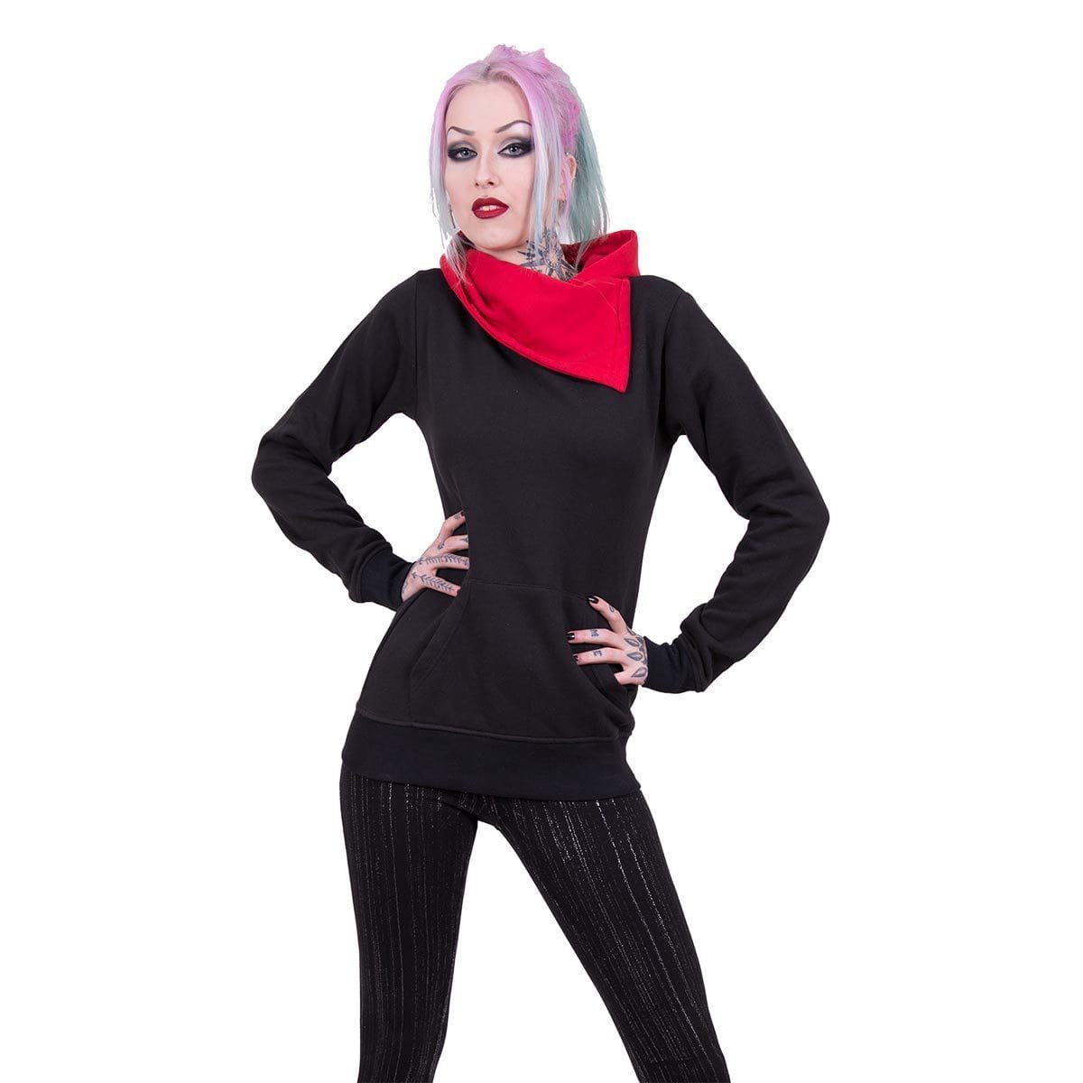 URBAN FASHION - Shawl Neck Red Hood Kangaroo Top Black - Spiral USA
