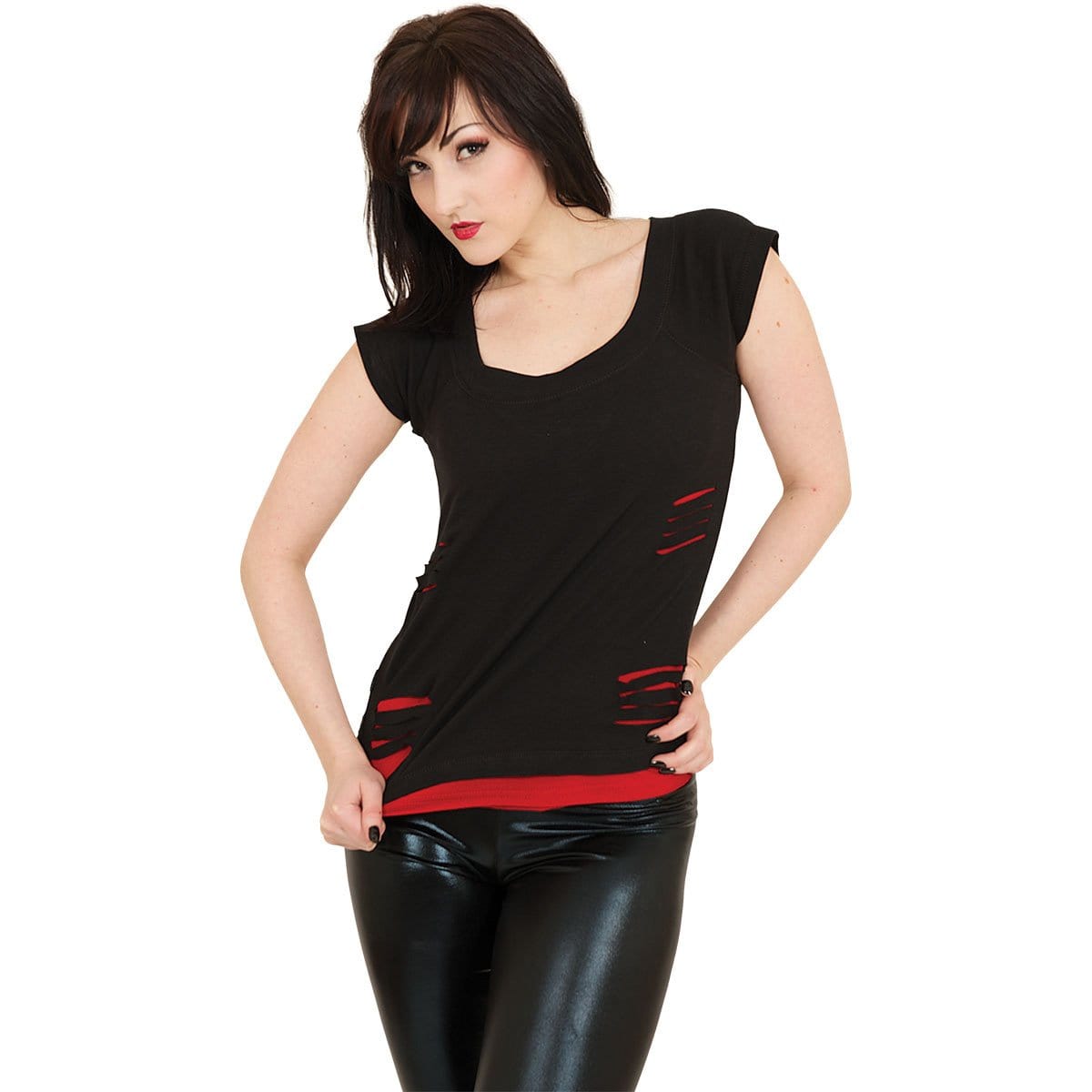 URBAN FASHION - 2in1 Red Ripped Top Black - Spiral USA