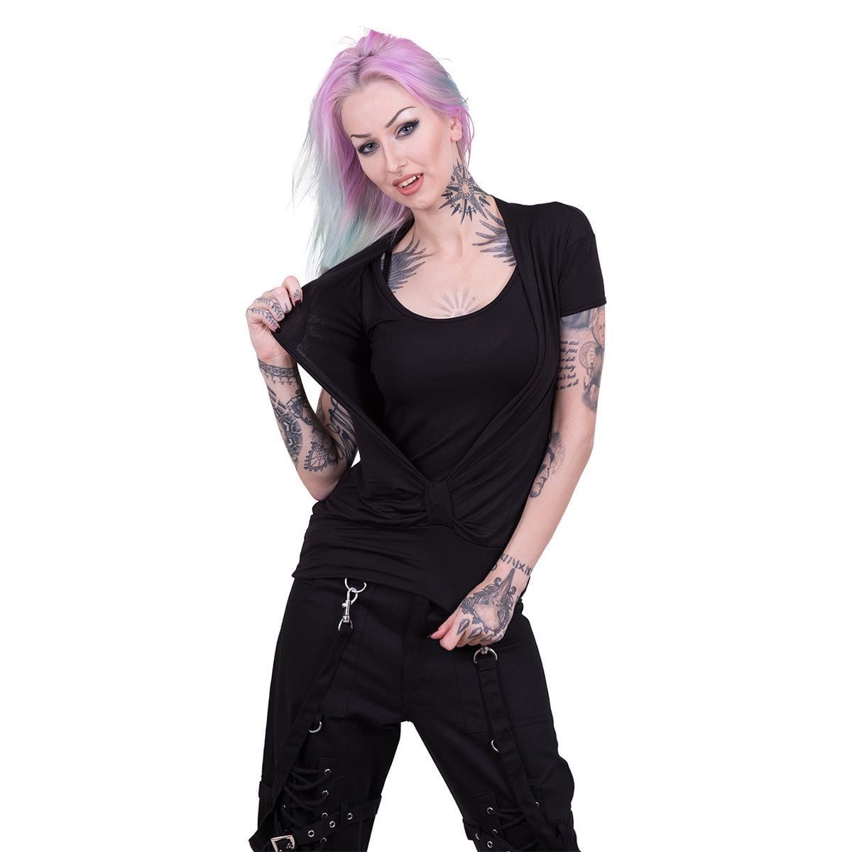 URBAN FASHION - 2in1 Gathered Knot Short Sleeve Top - Spiral USA
