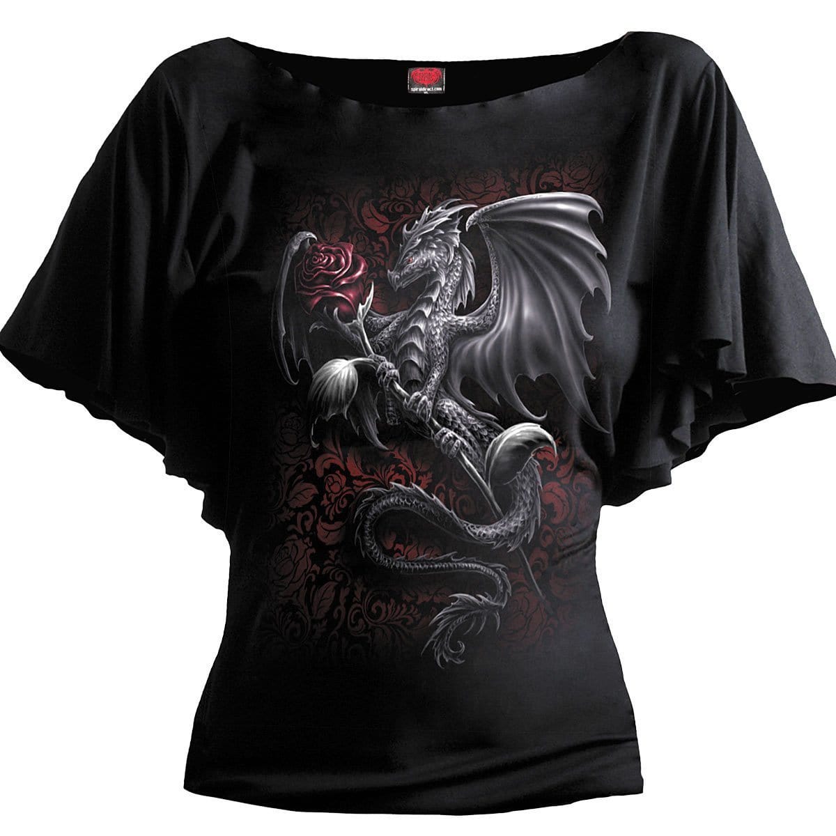 DRAGON ROSE - Boat Neck Bat Sleeve Top Black - Spiral USA