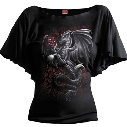 DRAGON ROSE - Boat Neck Bat Sleeve Top Black - Spiral USA