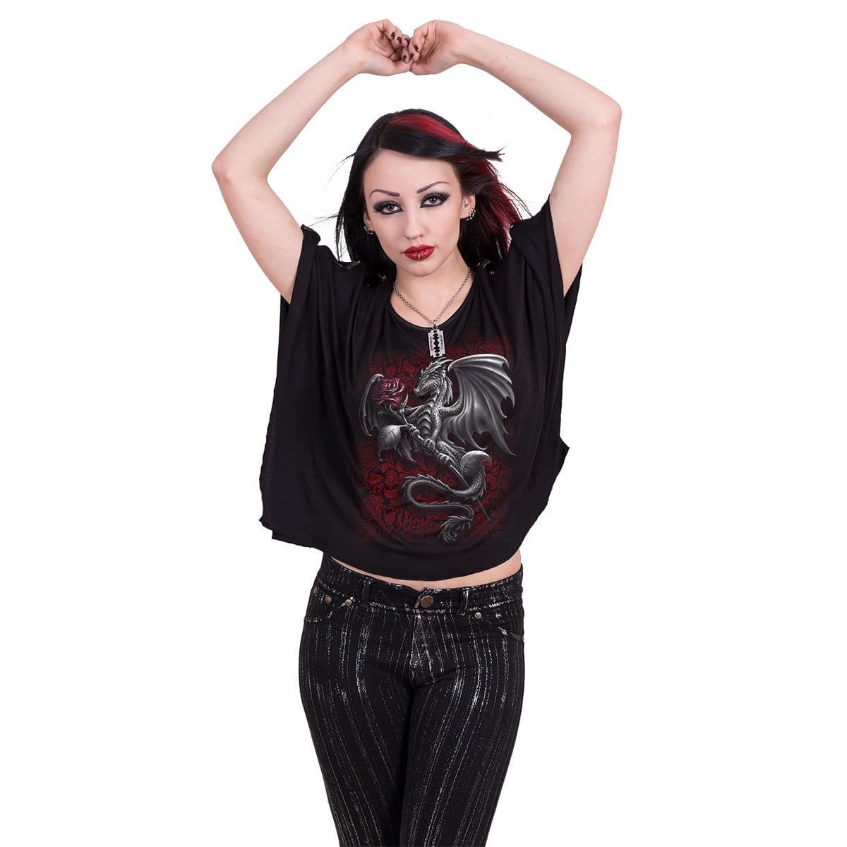 DRAGON ROSE - Boat Neck Bat Sleeve Top Black - Spiral USA