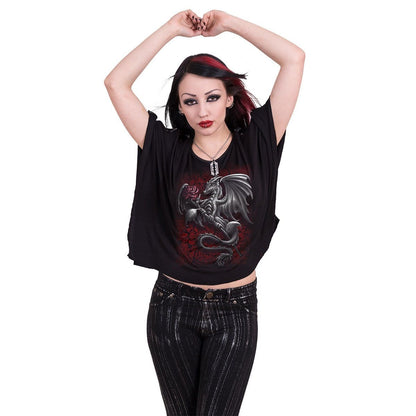 DRAGON ROSE - Boat Neck Bat Sleeve Top Black - Spiral USA