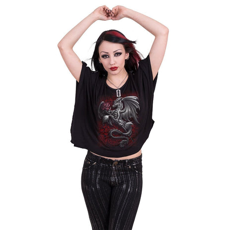 DRAGON ROSE - Boat Neck Bat Sleeve Top Black