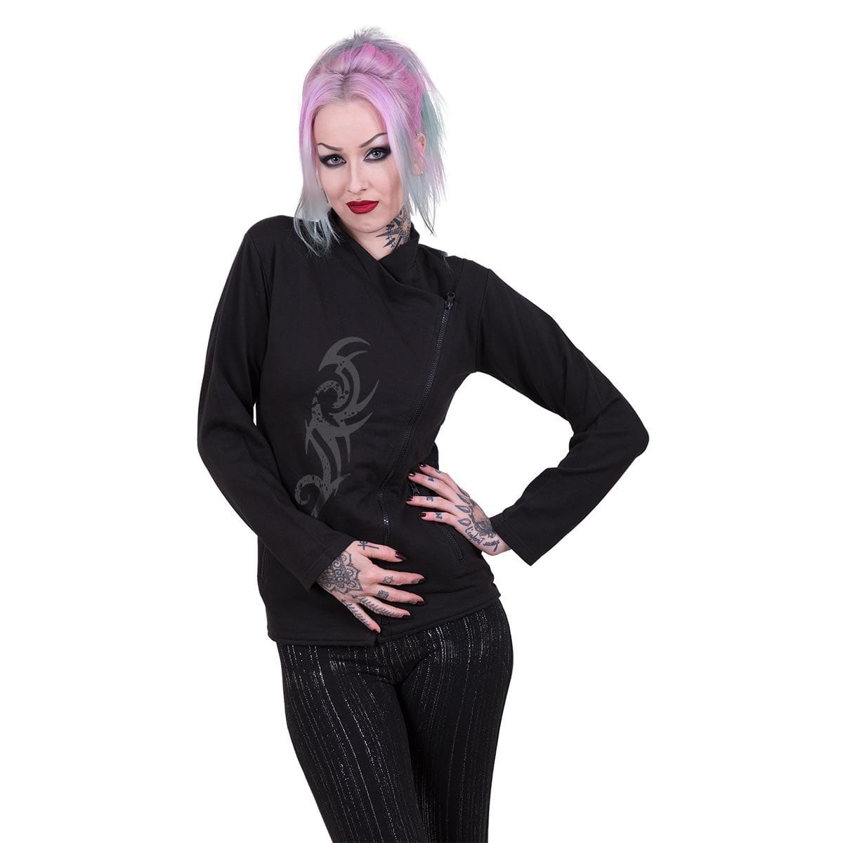 STAINED TRIBAL - Slant Zip Women Biker Jacket Black - Spiral USA