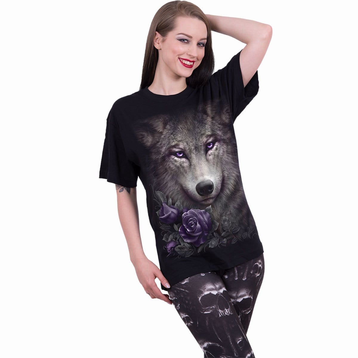 WOLF ROSES - Front Print T-Shirt Black - Spiral USA