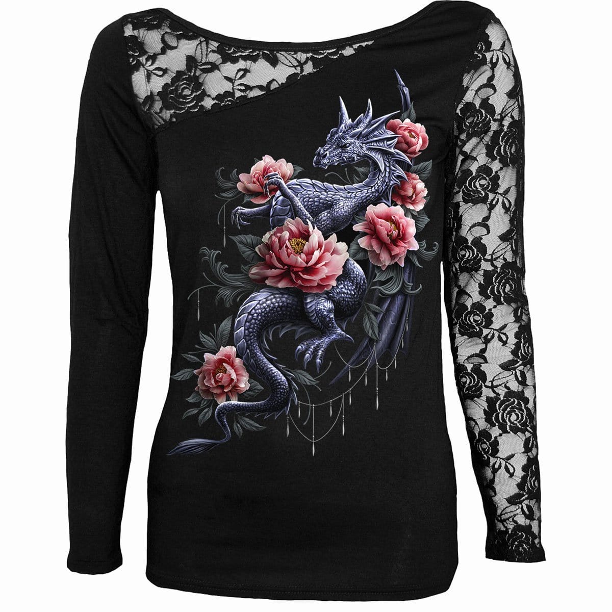 DRAGON ROSE SLANT - Lace One Shoulder Top Black - Spiral USA