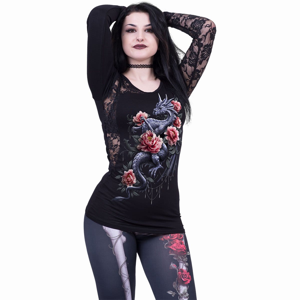 DRAGON ROSE SLANT - Lace One Shoulder Top Black - Spiral USA