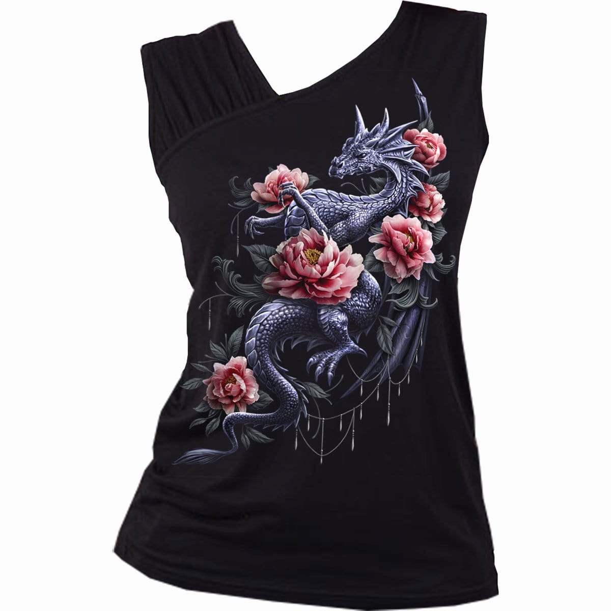 DRAGON ROSE SLANT - Gathered Shoulder Slant Vest Black - Spiral USA