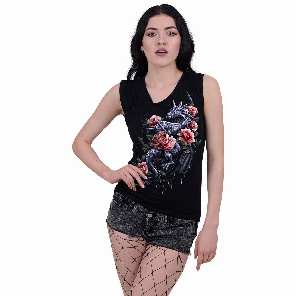 DRAGON ROSE SLANT - Gathered Shoulder Slant Vest Black - Spiral USA