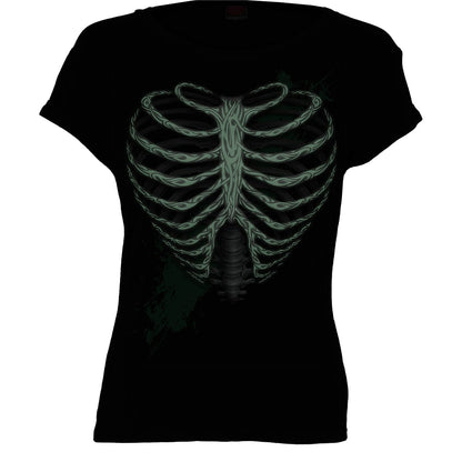 HEART RIBS - GLOW IN THE DARK - Boatneck Cap Sleeve Top Black - Spiral USA