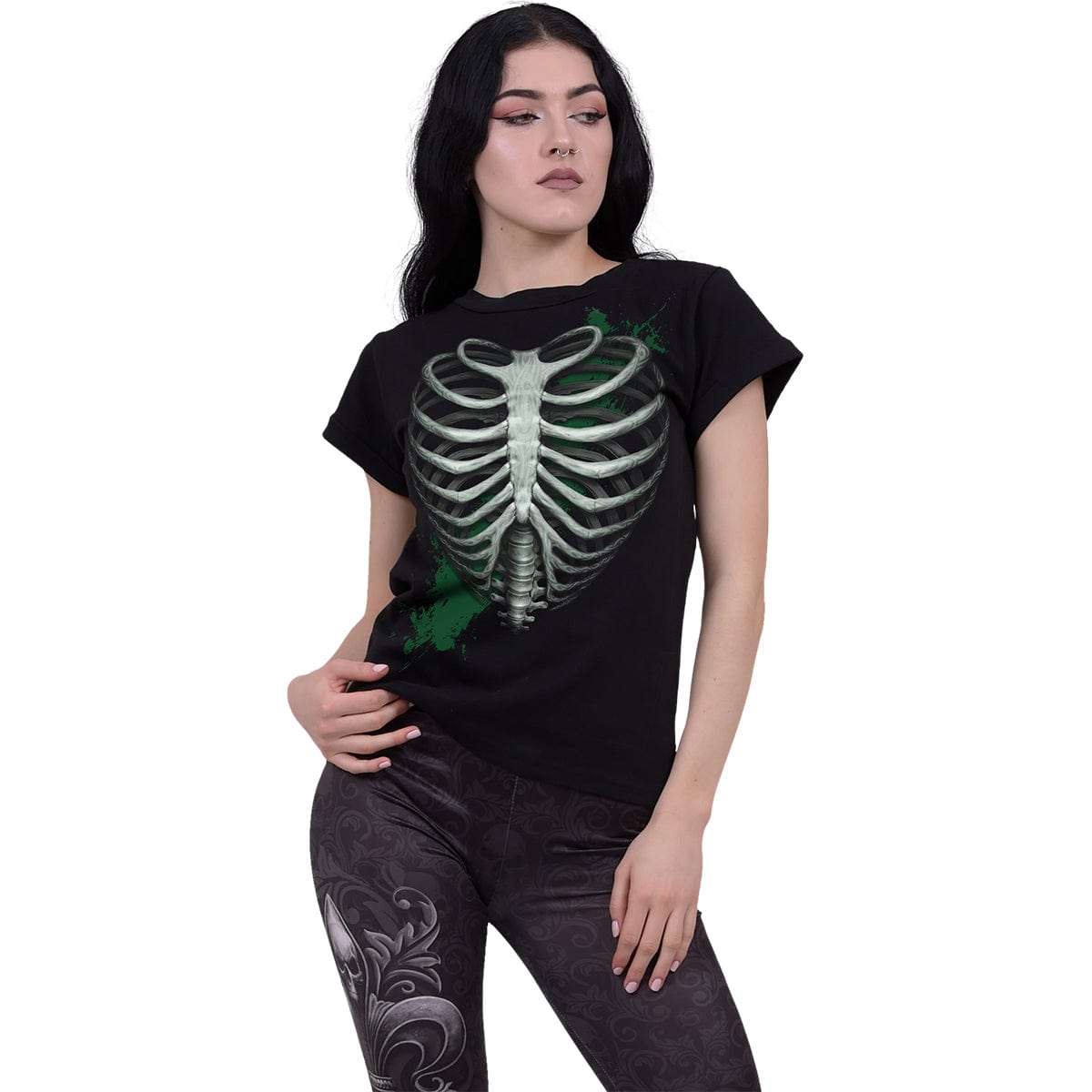 HEART RIBS - GLOW IN THE DARK - Boatneck Cap Sleeve Top Black - Spiral USA