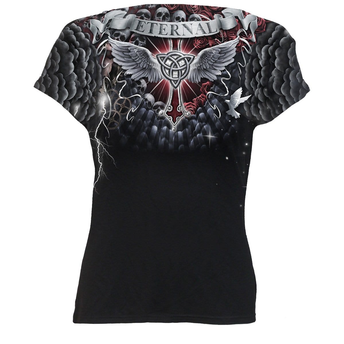 LIFE AND DEATH CROSS - Allover Cap Sleeve Top Black - Spiral USA