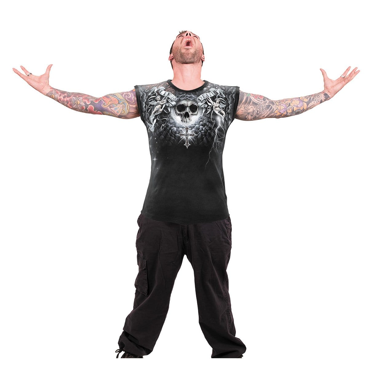 LIFE AND DEATH CROSS - Allover Sleeveless T-Shirt Black - Spiral USA